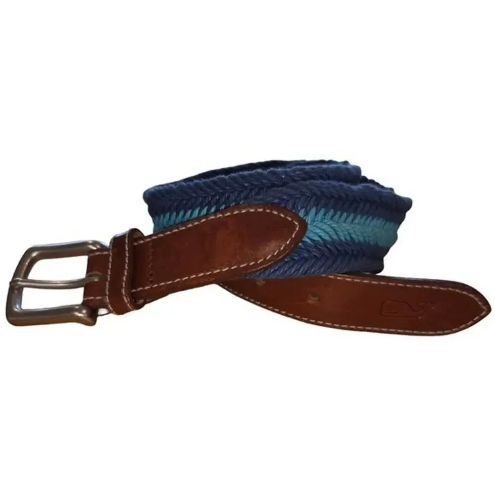 Vineyard Vines Woven Blue and Brown Leather WoMen's Belt Size 30 New